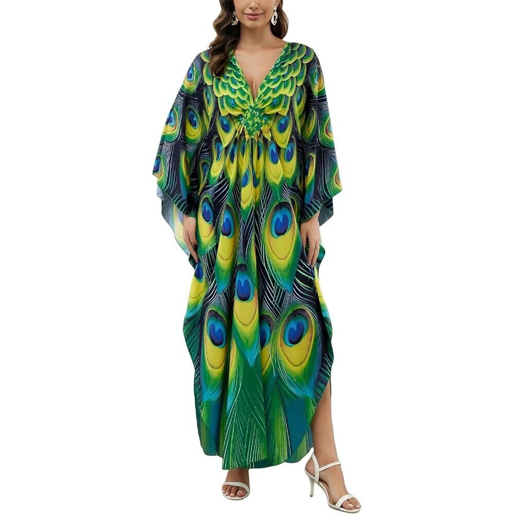 Women Green Peacock Sleeve Kaftan Flowy Lightweight loungewear Beach Caftan Maxi